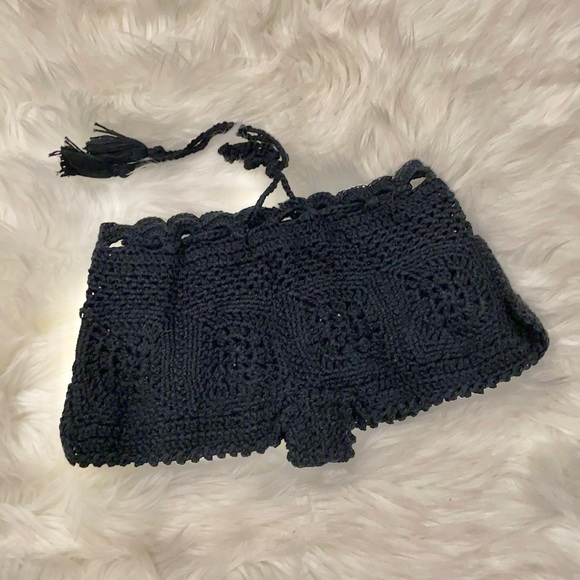 NWT S itty booty crochet drawstring shorts hipster BLACK swim beach - Picture 5 of 15